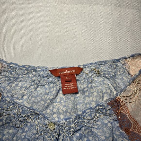 Sundance Blouse Womens XS 100% Silk Paisley Sheer Full Button Long Sleeve Blue - Picture 4 of 7